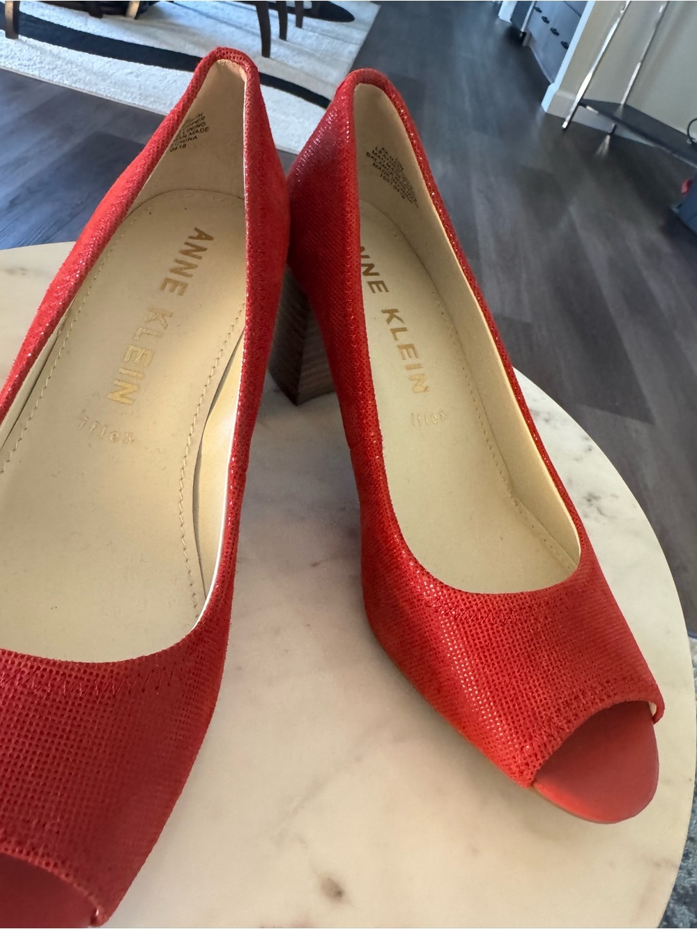 Anne Klein Red Open-Toe Textured Pumps